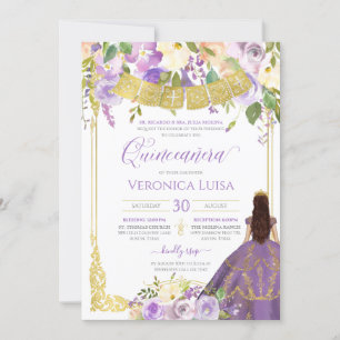 Lavender Lila Watercolor Blommigt Guld Quinceanera Inbjudningar