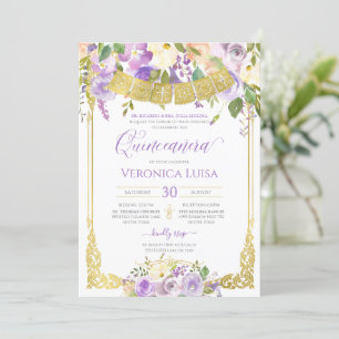 Lavender Lila Watercolor Blommigt Guld Quinceanera Inbjudningar