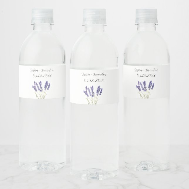 Lavender Lila Watercolor Flower Blommigt Bröllop Vattenflaska Etikett (Flaskor)