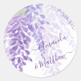 Lavender Lila Watercolor Wisteria Blooms Bröllop Runt Klistermärke