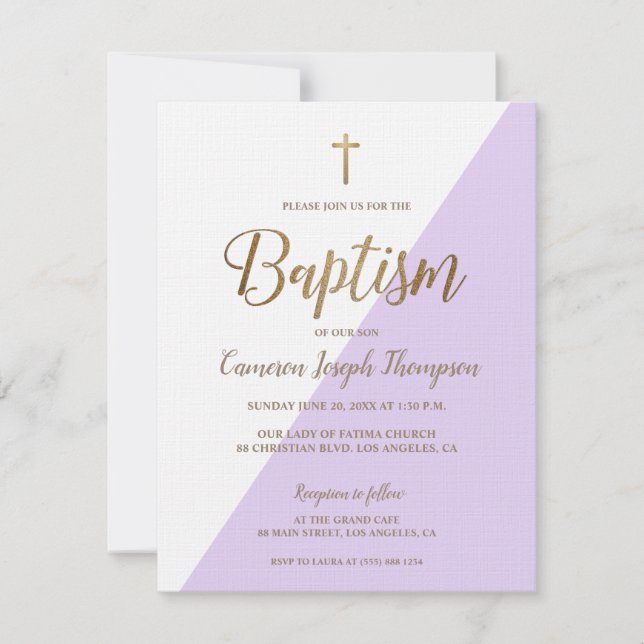 Lavender lila White Guld Modern Baptism Inbjudningar (Framsida)