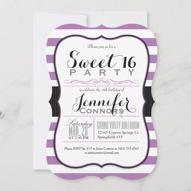 Lavender Lila & White Rand Sweet 16 Party Inbjudningar (Framsida)