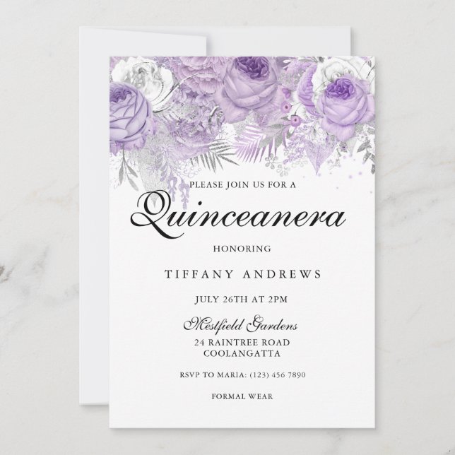 Lavender Lila White Silver Flowers Quinceanera Inbjudningar (Framsida)