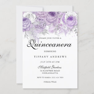 Lavender Lila White Silver Flowers Quinceanera Inbjudningar