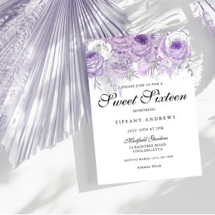 Lavender Lila White Silver Flowers Sweet 16 Inbjudningar