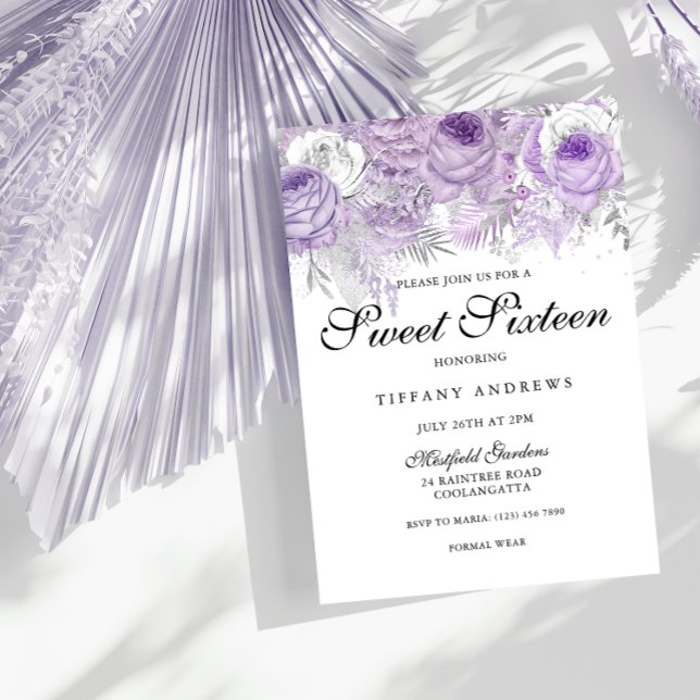 Lavender Lila White Silver Flowers Sweet 16 Inbjudningar (Skapare uppladdad)