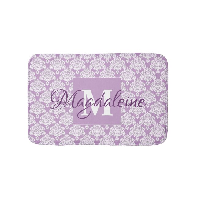 Lavender Lila White Snöre Damask Namn & Monogram Badrumsmatta (Framsidan)