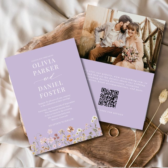 Lavender Lila Wildblomme QR-kod Foto Bröllop Inbjudningar (Skapare uppladdad)