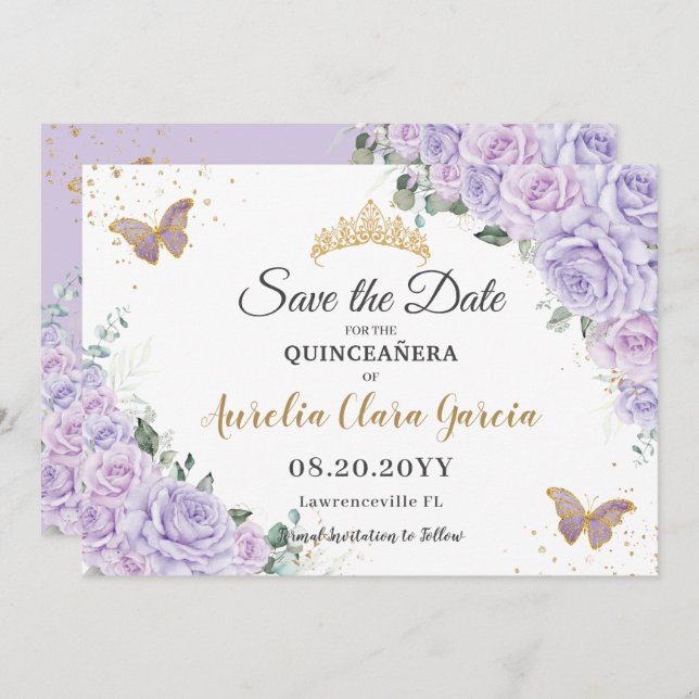 Lavender Lilac Floral Quinceañera 15 Save the Date Spara Datumet (Fram/baksida)