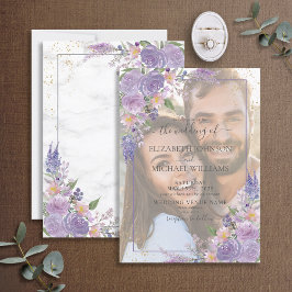 Lavender Lilac Guld Vellum Overlay Photo Bröllop Inbjudningar