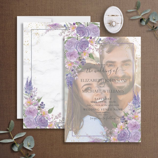 Lavender Lilac Guld Vellum Overlay Photo Bröllop Inbjudningar (Skapare uppladdad)