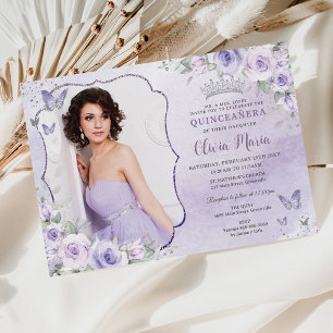 Lavender Lilac Lila Blommigt Photo Quinceañera Inbjudningar
