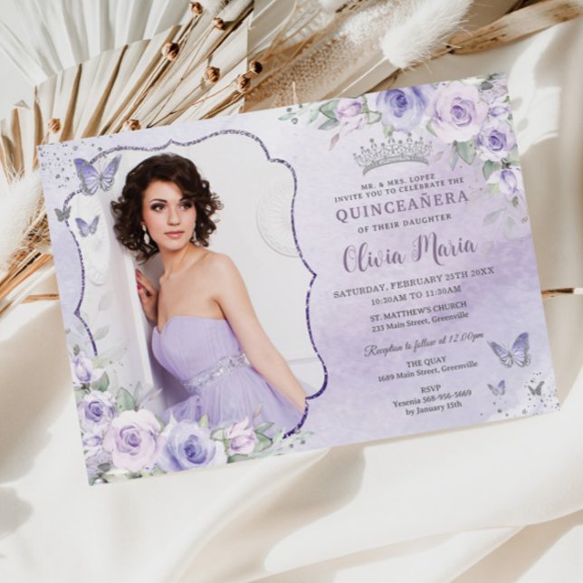 Lavender Lilac Lila Blommigt Photo Quinceañera Inbjudningar (Skapare uppladdad)