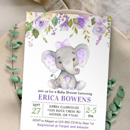 Lavender Lilac Lila Girl Girl Elephant Baby Shower Inbjudningar