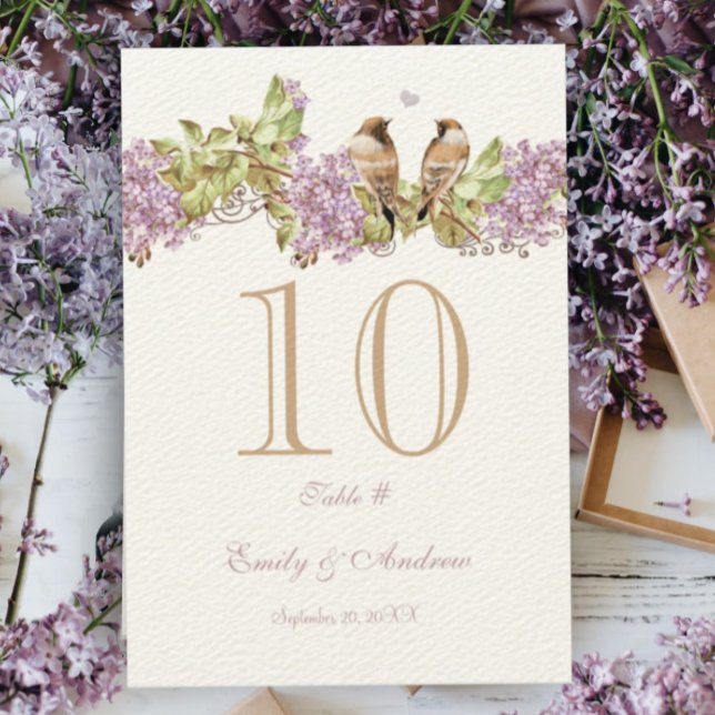 Lavender Lilac Love Bird Bröllop Bordsnummer Card (Skapare uppladdad)