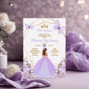 Lavender Lilac Princess Butterfly Guld Quiñceanera Inbjudningar