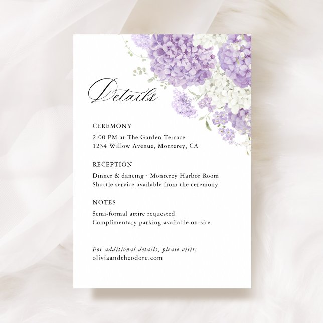 Lavender Lilac White Floral Wedding Details, Info Tilläggskort (Lavender white hydrangea wedding details card with floral, lilac, elegant wedding stationery)