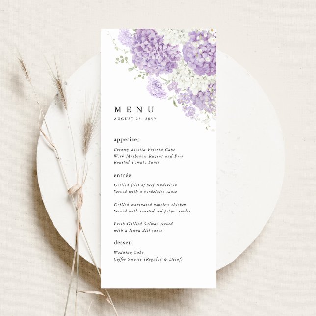Lavender Lilac White Floral Wedding Reception Meny (Lavender lilac white hydrangea wedding menu, romantic watercolor floral reception table dinner menu)