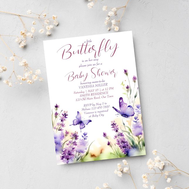 Lavender lilax babydusch inbjudningar (Butterfly baby shower template invitation digital download purple lilac pastel watercolor meadow)
