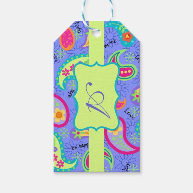 Lavender Lime Green Monogram Modern Paisley Presentetikett (Framsidan)