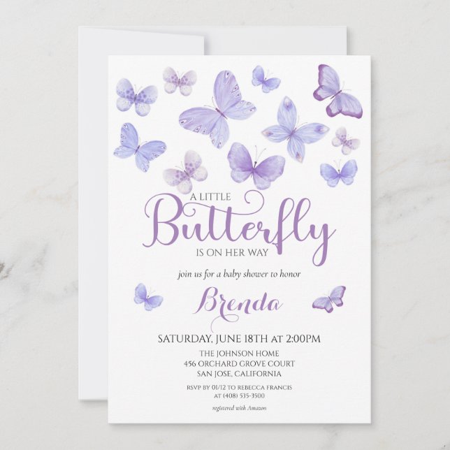 Lavender Little Butterfly Girl Baby Shower Inbjudningar (Framsida)
