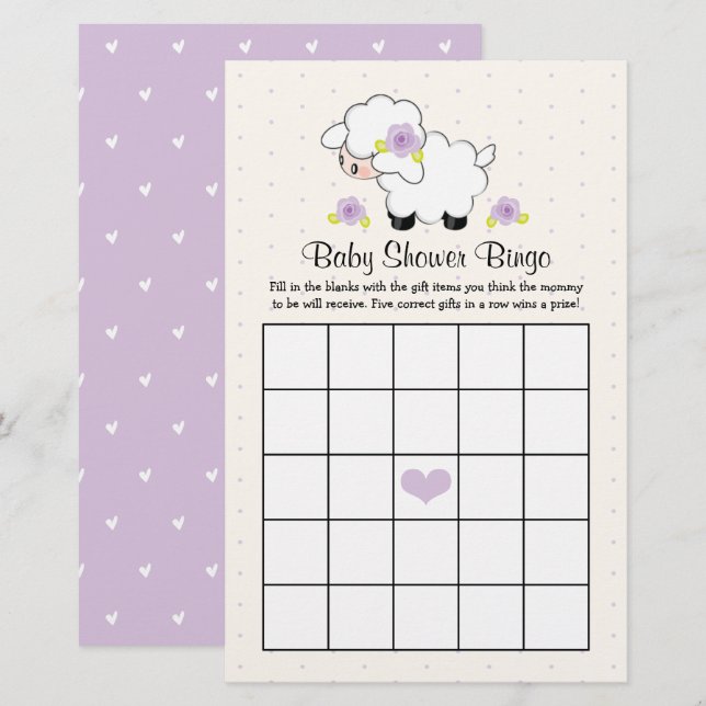 Lavender Little Lamb Baby Shower Bingo (Fram/baksida)