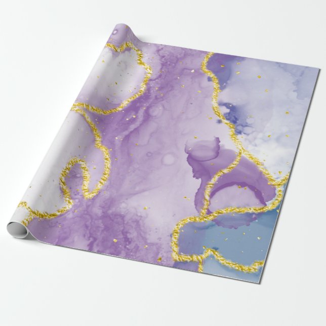 Lavender Marble måla mönster med guld streak Presentpapper (Utrullad)