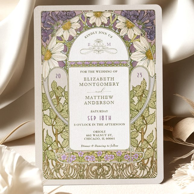 Lavender Marguerite Daisy Bröllop Art nouveau Inbjudningar (Skapare uppladdad)