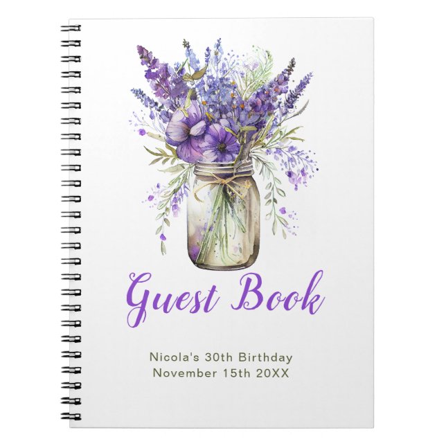 Lavender Mason Jar Birthday Party Guest Book Anteckningsbok (Framsidan)