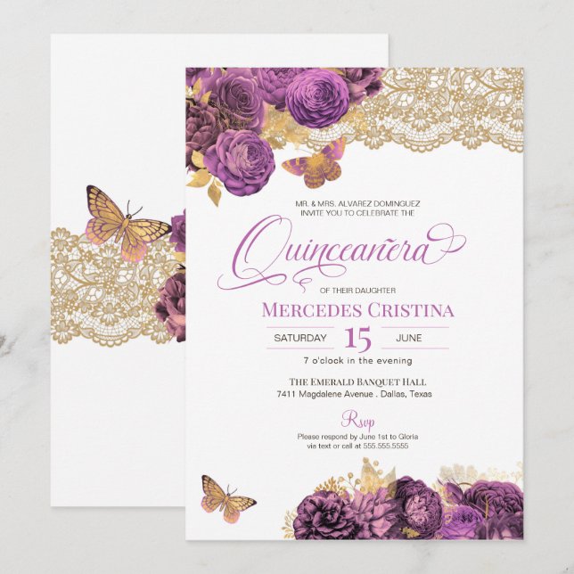 Lavender Mauve Ro & Snöre Butterfly Quinceañera Inbjudningar (Fram/baksida)