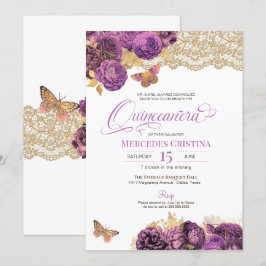 Lavender Mauve Ro & Snöre Butterfly Quinceañera Inbjudningar
