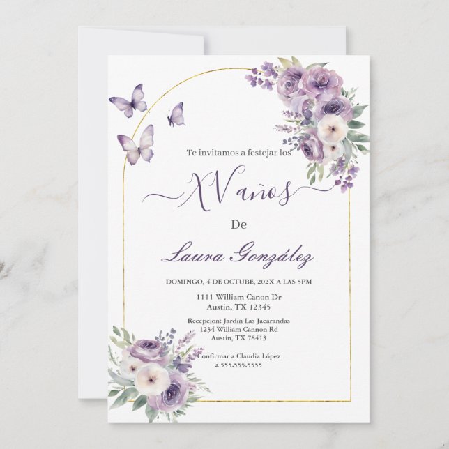 Lavender med butterflies Quinceanera spansk Inbjudningar (Framsida)