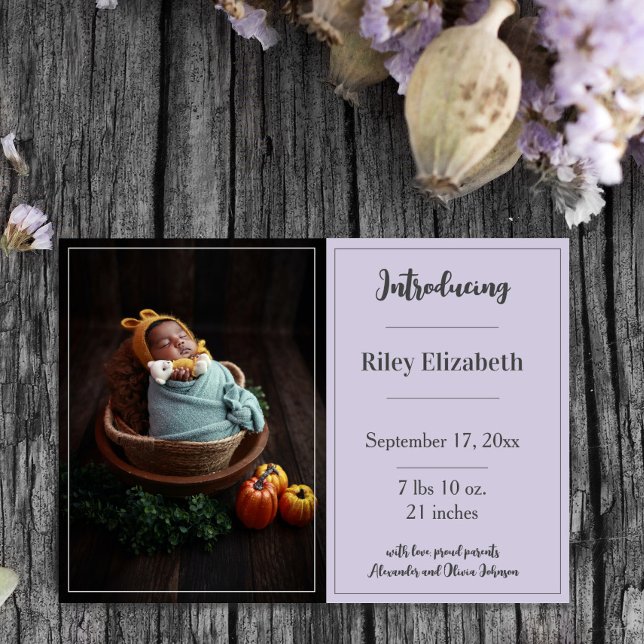 Lavender - meddelande om enkel fotofödelse (Lavender Simple Photo Birth Announcement)