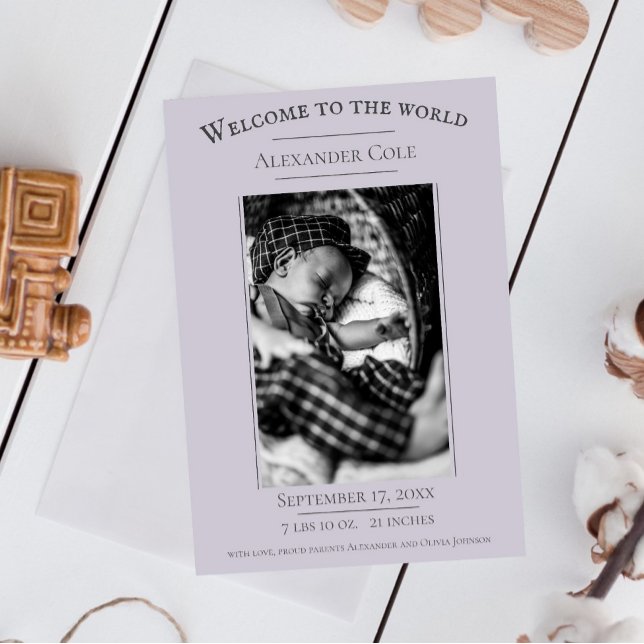 Lavender-meddelande om minimal fotofödelse meddelande (Lavender Minimalist Photo Birth Announcement)