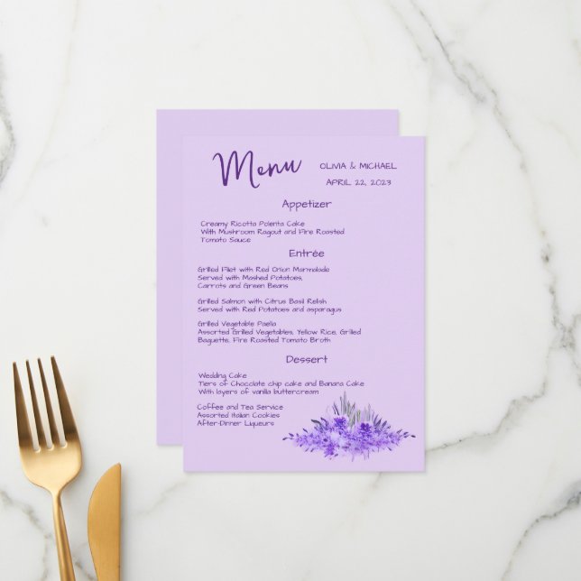Lavender minimalist elegant bröllop Menu Meny (Fram/Back In Situ)