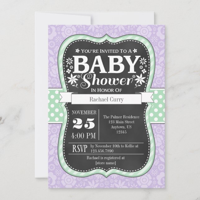 Lavender Mint Chalkboard Blommigt Baby Shower Inbj Inbjudningar (Framsida)
