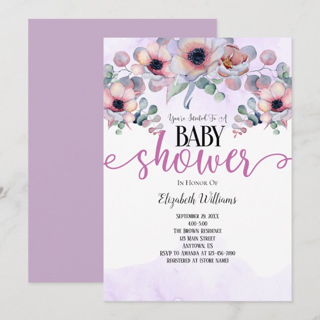 Lavender Mint Rosa Flowers Baby Shower Inbjudningar (Fram/baksida)