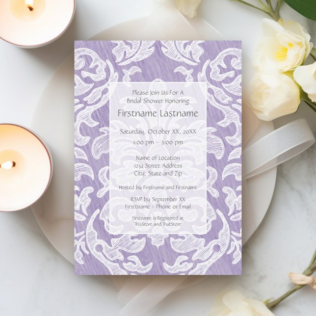 Lavender Modern Damask Möhippa Party Inbjudningar (Bridal Shower Invitation - lavender and white lace print)