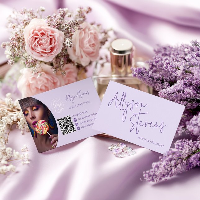 Lavender Modern name script makeup hair logo qr Visitkort (Lavender Modern name script makeup hair logo qr Business Card)