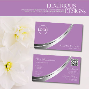 Lavender Modern Silver Decor med Logotyp och QR-ko Visitkort