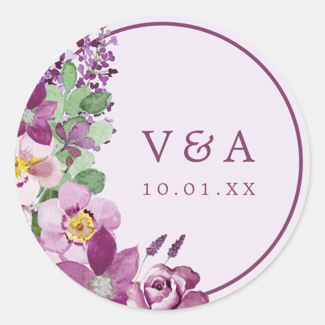 Lavender Monogram Bröllop Sticker Runt Klistermärke (Framsida)