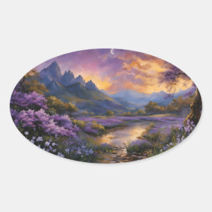 Lavender Mountain Valley vid Dawn Ovalt Klistermärke