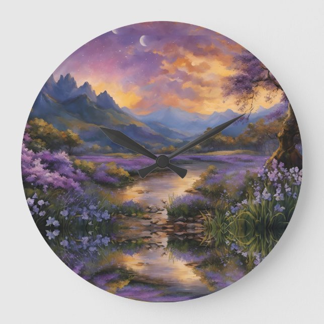 Lavender Mountain Valley vid Dawn Stor Klocka (Framsida)