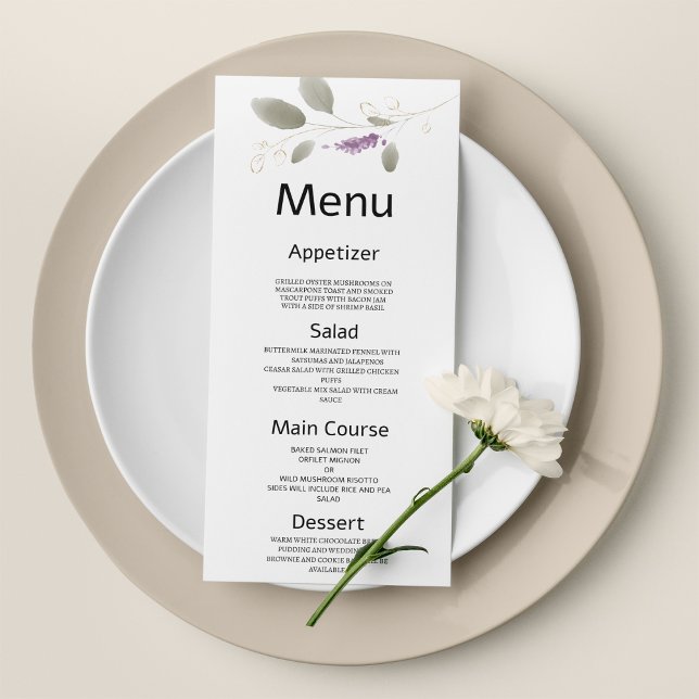 Lavender mynta guld vattenfärgen blommigt Bröllop  Program (Lavender mint gold watercolor floral Wedding Menu )