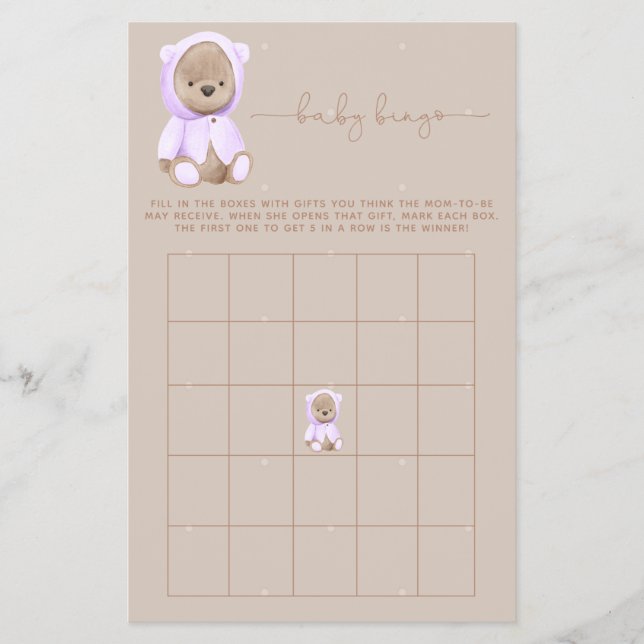 Lavender Nalle Baby Shower Bingo Game Flyer (Framsidan)