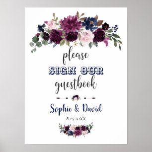Lavender Navy-Blommigt Underteckna vår gästbok Poster
