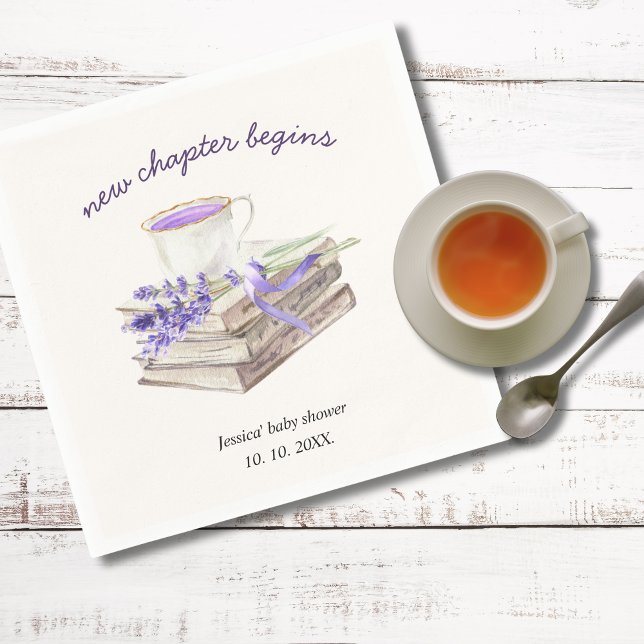 Lavender New Chapter Begins Tea Kopp Baby Shower Pappersservett (New chapter begins personalized baby shower napkins)