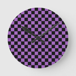 Lavender och Black Checkered Mönster Rund Klocka