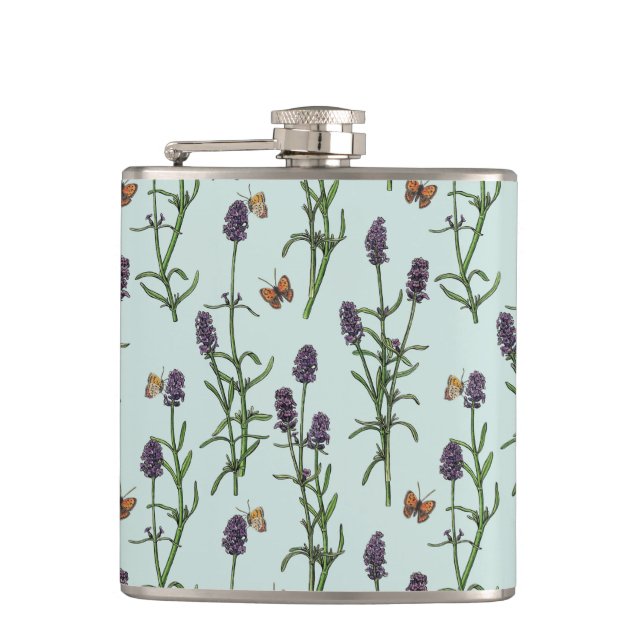 Lavender och fjärilar på havsglas fickplunta (Framsidan)