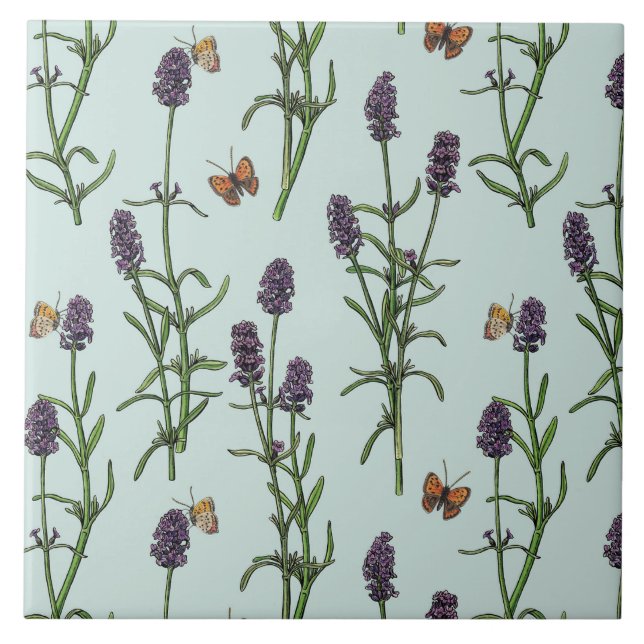 Lavender och fjärilar på havsglas kakelplatta (Framsidan)